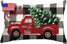 Christmas Pillow Covers 12X20 Black and White Buffalo Plaid Red Truck Christmas