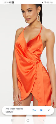 orange satin halterneck wrap bodycon dress Silky belted bodycon dress (Orange, M/L)