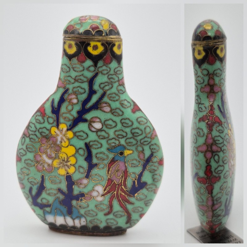 Rare Unusual Vintage FLAT Cloisonné Enamel Snuff Bottle Bird Flower 2.5” Filigre