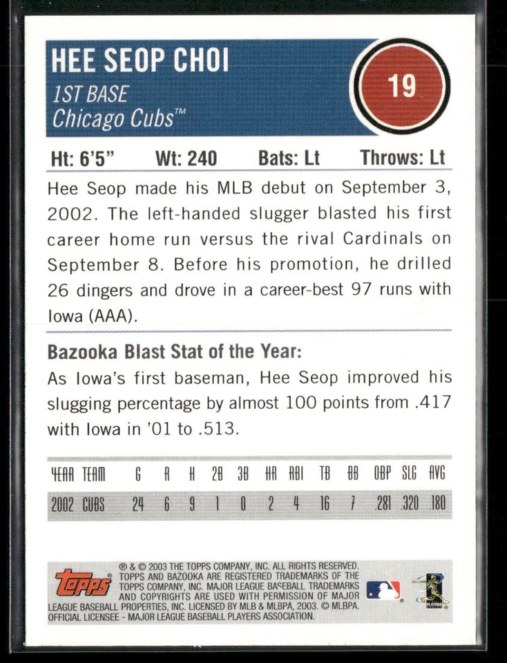Hee Seop Choi 2003 Bazooka #19 Chicago Cubs - Image 2 of 2