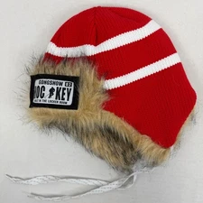 Gongshow Gear Hockey Trapper Hat Red White Striped Knit Faux Fur Ear Flaps O/S