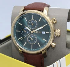 NEW AUTHENTIC FOSSIL RHETT CHRONOGRAPH GOLD GREEN BROWN LEATHER BQ2892 MEN WATCH