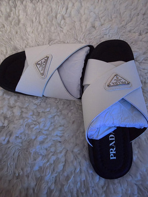 PRADA Women s Leather Slide Slip-On Sandals Logo White/Black US 6.5