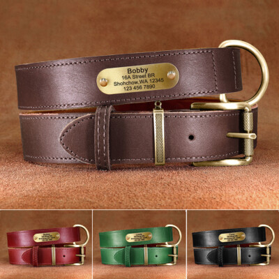 Genuine Leather Dog Collar Personalized Heavy Duty Pet Name ID Tag Engraved Free