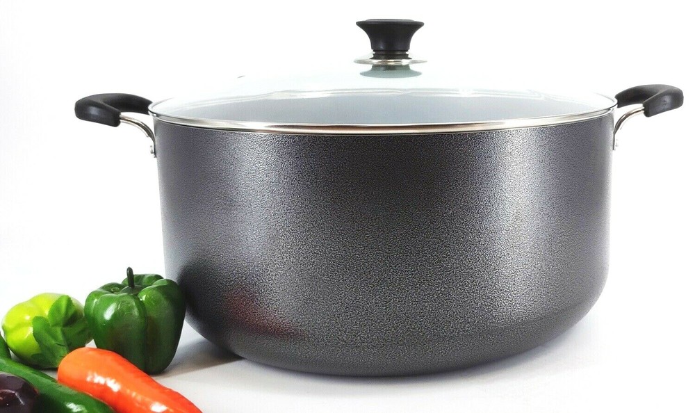 Non Stick Aluminum Stock Pot With Vented Glass Lid 30 Quart, Black