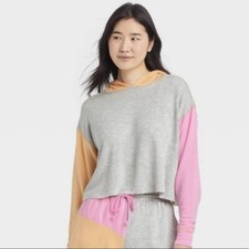Colsie Size Small Lightweight Cropped Hoodie Top Gray Pink Orange Colorblock NWT