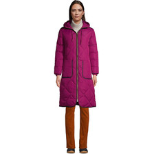 New Lands' End Quilted Thermoplume Long Coat Maroon Black Size Xs Petite Pxs Xsp