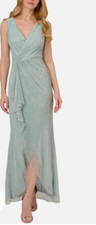 Adrianna Papell Metallic Mesh Cascade Gown (MSRP $229) Mint Smoke, Size 2