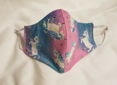 Pink Unicorn Print Face Mask w/filter layer, Washable, Nose Wire, Breathable