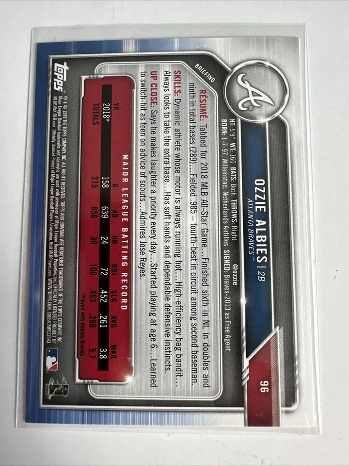 2019 Bowman Gold # 12 /50 Ozzie Albies Card no. 96 Atlanta Braves - Image 3 of 3