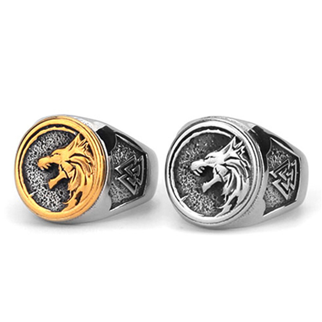 Nordic Viking Gold Wolf Head Rune Men's Amulet Ring Stainless