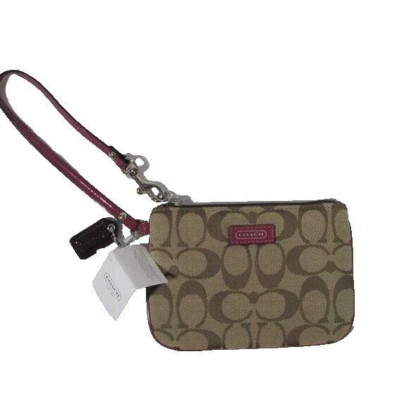 Borsa Coach Small Wristlet Park Signature NUOVA tela logo cachi magenta