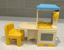 Vintage Little Tikes Blue Yellow Dollhouse Kitchen Island Sink Stove Chair