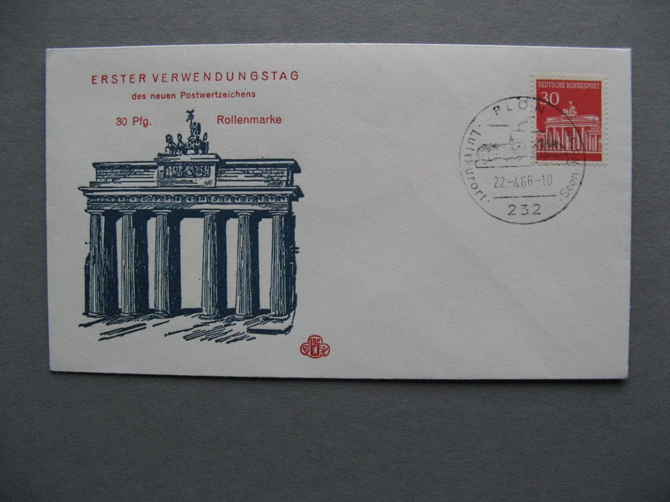 GERMANY BRD, cover FDC 22-4-1966 first use coil stamp Brandenburg Gate 30 Pf - Image 2 of 2