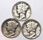 (3) Mercury Dimes - VF/XF - 1943P 1944D 1944P - #0741ED FREE SHIPPING