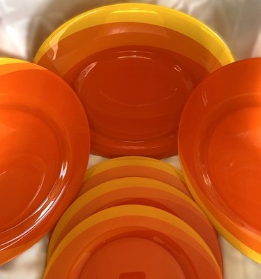 Arcopal France 12'' Opaline Dinner Plates Set of 6 Orange Yellow Stripe Retro