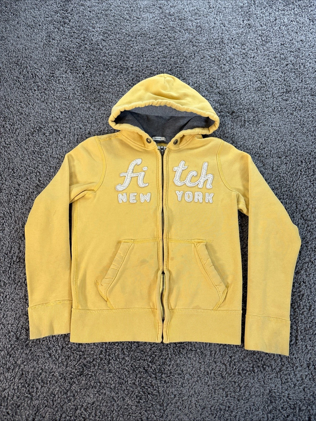 Vtg Abercrombie Hoodie Mens XS Full Zip Muscle Yellow Distressed Thermal