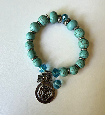 Turquoise Beaded Charm Bracelet Dangle Flower Charm Round Bead Metal