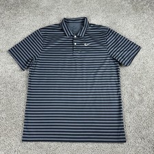 Nike Polo Shirt Mens Large Black Gray Striped Dri-Fit Golf Golfing Short Sleeve