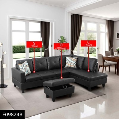 Black Faux Leather 3-Piece Couch Living Room Sofa Set