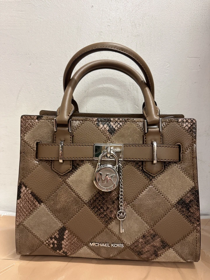 NWT Michael Kors Hamilton Small Patchwork and Snake Embossed Satchel Driftwood - Image 2 of 4