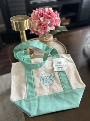 Trader Joe's Small Foldable Canvas Tote Bag Mint Green Beige