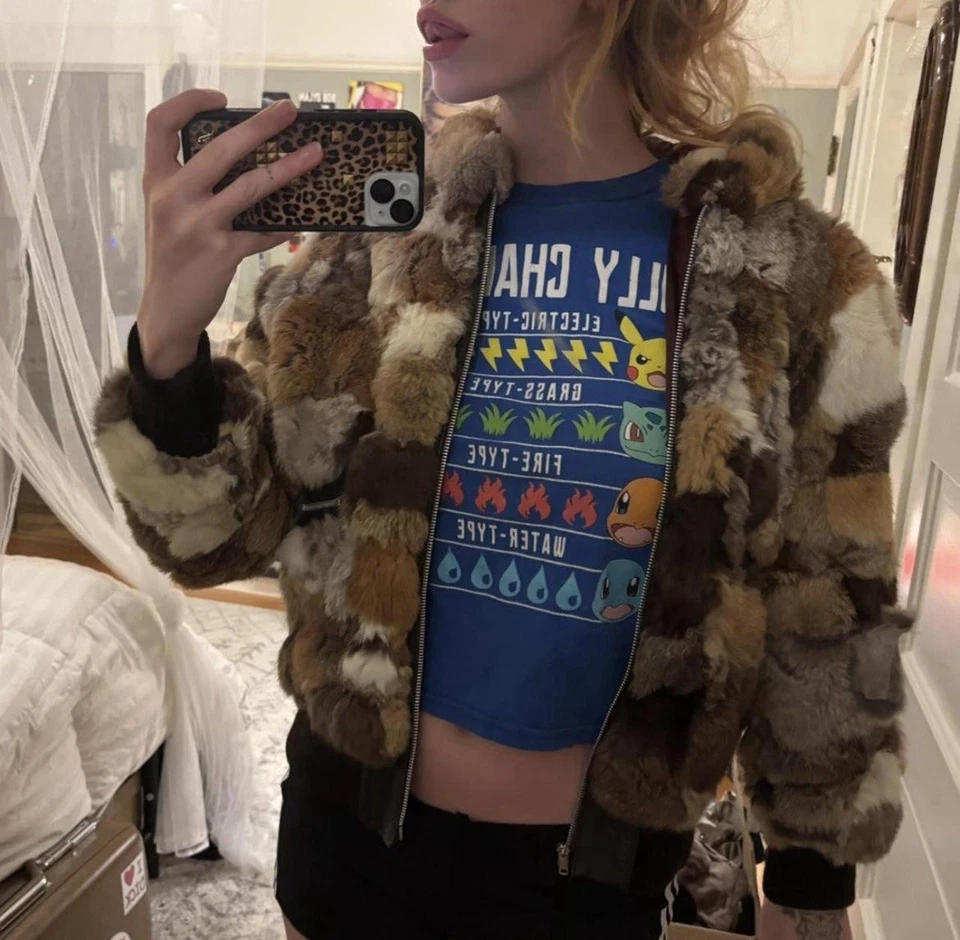 Vintage Grey/White Rabbit Fur Zip-Up Bomber Jacket Women's - Image 2 of 4