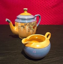 Vintage Japanese Lusterware Teapot  Creamer Set Hand-Painted Bird Wisteria