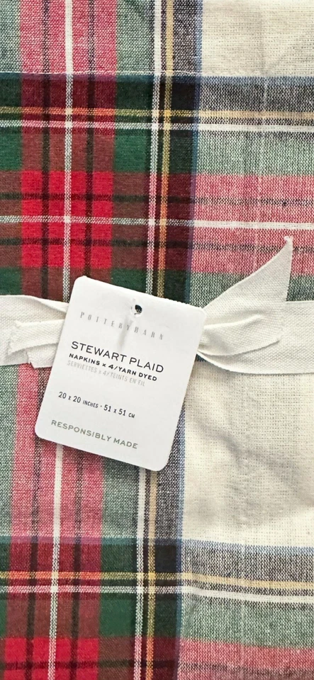 Pottery Barn Stewart Plaid Cotton Napkins Set/4 In White Plaid