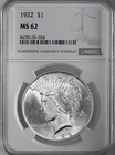 1922-P  $1 PEACE SILVER DOLLAR  "PHILADELPHIA MINT"  NGC MS62 #8678139-058