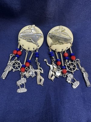 Vintage Moulin Rouge Cruise Ship Charm Dangle Earrings Patriotic Red White Blue