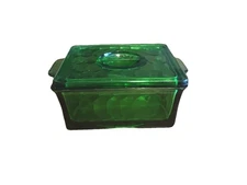Vtg Hazel Atlas Green Glass Lidded Refrigerator Square Dish w/ Lid MCM