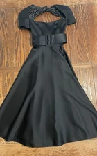 Vintage Victor Costa Evening Dress Gown Womens 8 Black Midi Cap Sleeve Belt Bow