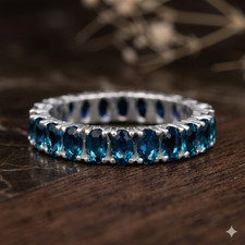 London Blue Topaz Gemstone Eternity Band Ring, 925 Sterling Silver Women Jewelry