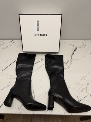NEW Steve Madden Holly Black Knee High Block Heel Square Toe Zip Boots 9