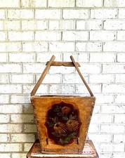 Antique Chinese Wood Gathering Basket | Asian Hand Painted Wood Rice Basket