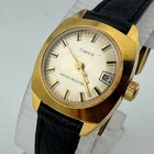 Vintage Timex Hand-Winding Mechanical Watch Women Gold Tone Leather Date Analog