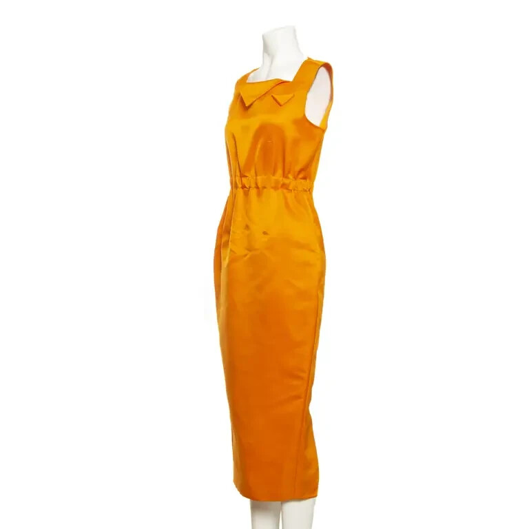 Auth NWT PRADA Orange DOUBLE Satin Midi DRESS with Inside