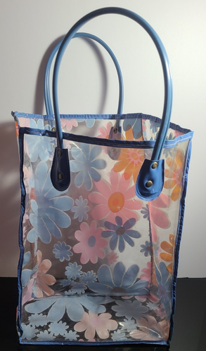VINTAGE RETRO 1960'S-70'S VINYL CLEAR TOTE BAG Pink Blue & Orange Flowers 14x9x5 - Picture 8 of 13