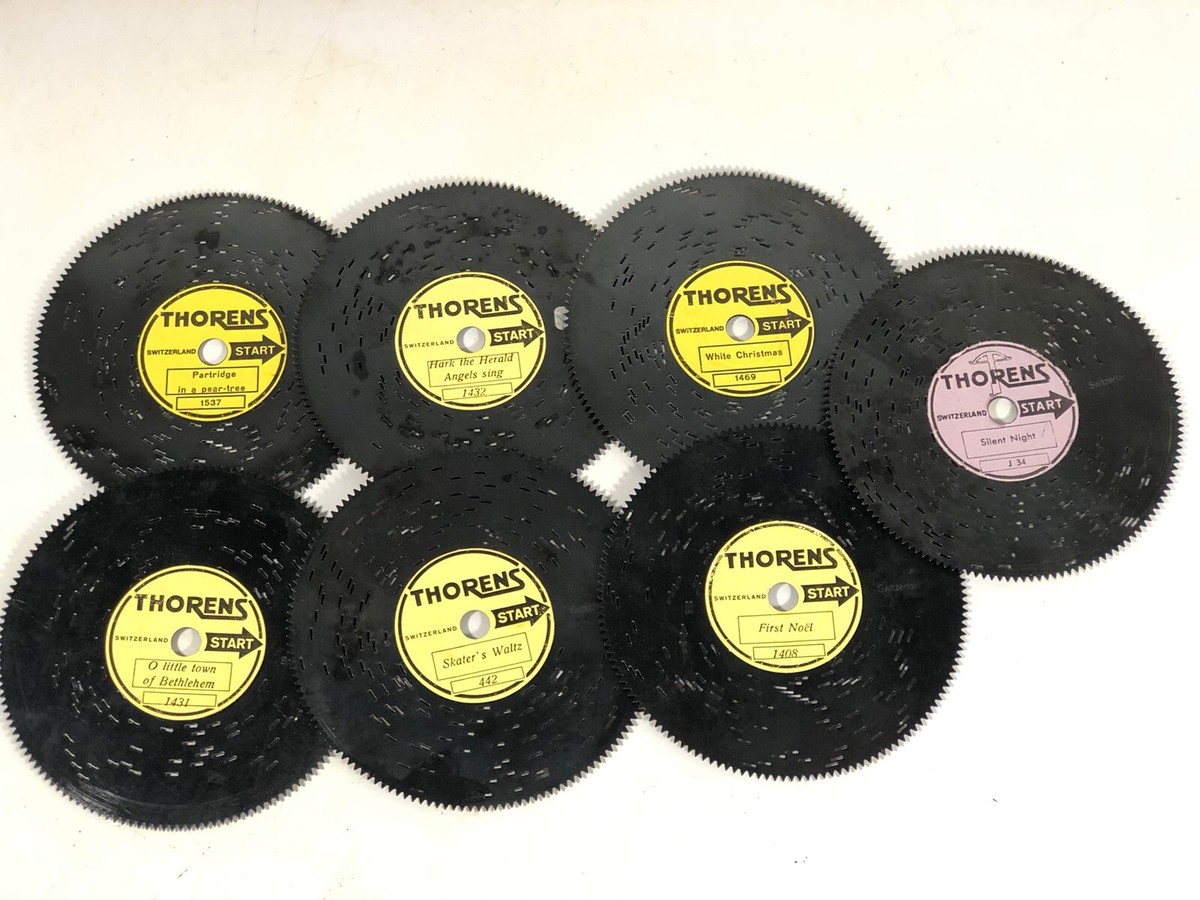 Vintage Thorens Disc Music Box Display w 7 Christmas Discs Vintage Thorens Disc Music Box Display w 7 Christmas Discs