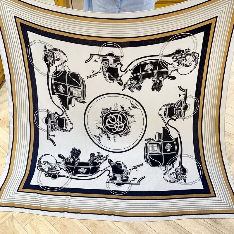 70% Cashmere & 30% Silk Carriage Print Scarf Hand Rolled Square Shawl 53