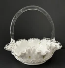 Fenton Basket Silver Crest Violets in Snow Flowers Spanish Lace Signed