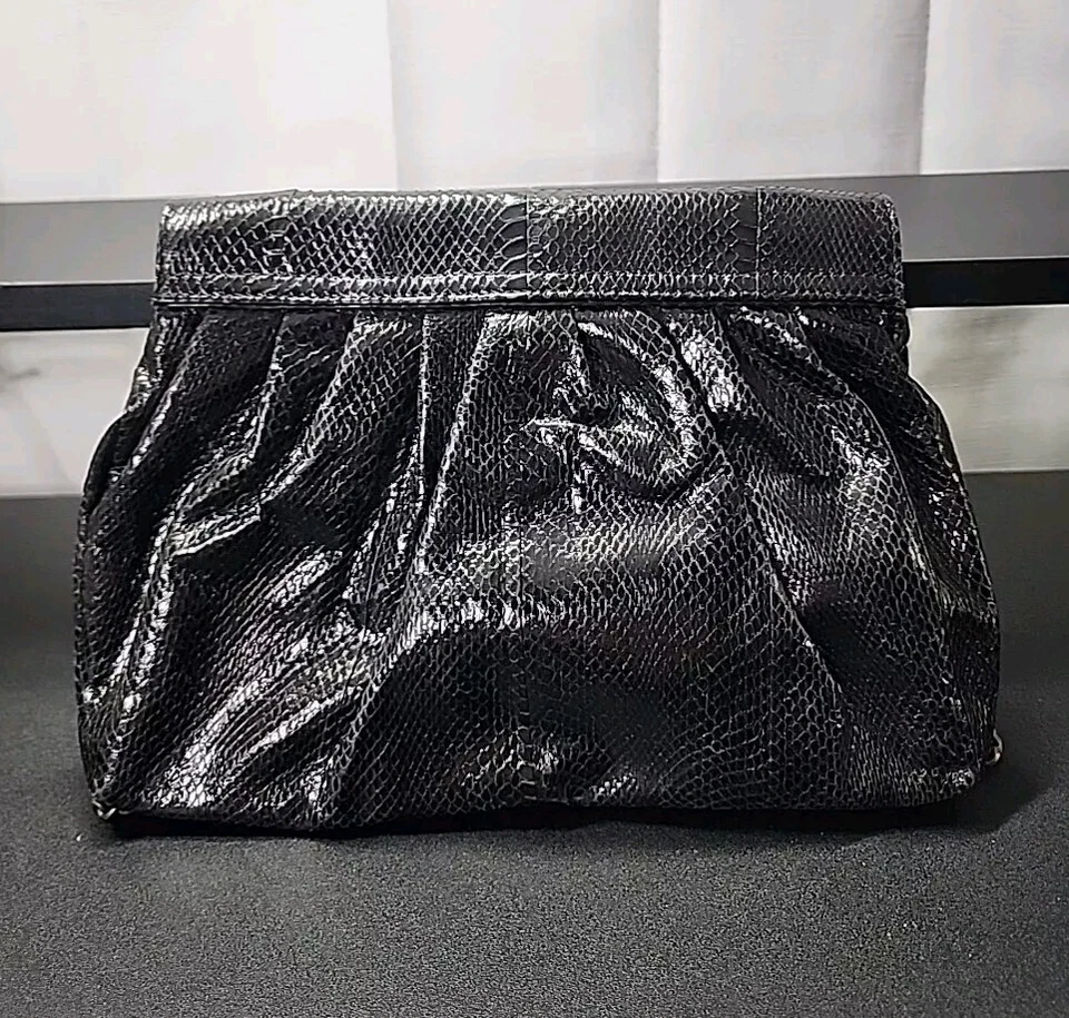 Vintage Beirn Snakeskin Clutch Purse Black Metal Chain Shoulder Strap Crossbody  - Image 2 of 4