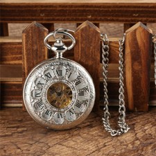Vintage Hollow Out Men Women Hand-winding Mechanical Pocket Watch Pendant Chain