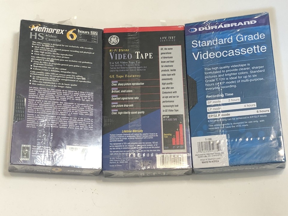 6 Hour Blank VHS Tapes Lot of 3 Tapes Memorex GE T120 Sealed New Old