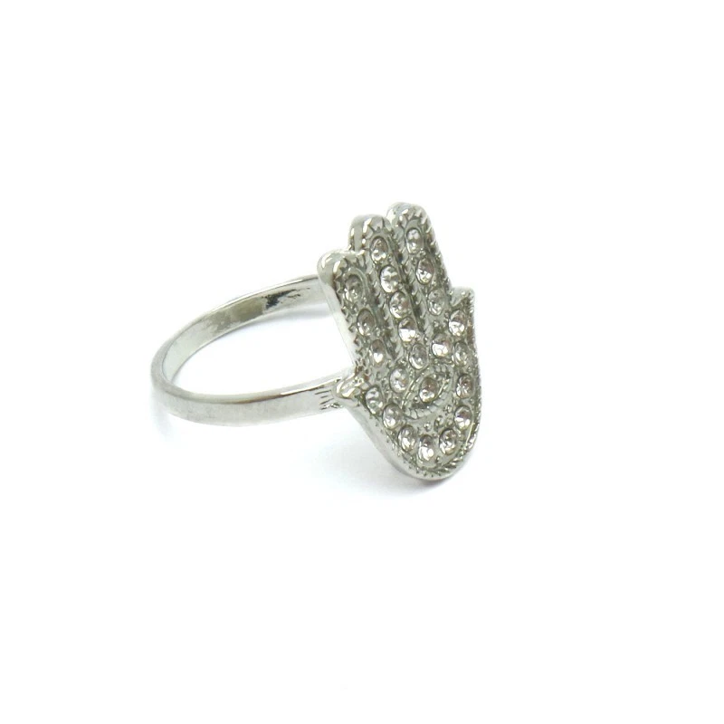 Anello Donna Mano Fatima Khamsa Brillantini Strass Occhio Etnico tono Argento - Immagine 4 di 4