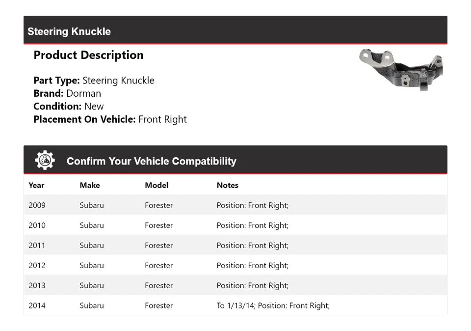 Nudillo de dirección delantero derecho para Subaru Forester Dorman 2009-2014 2010 2011 2012 Foto 2 de 4