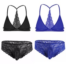 Mens Sissy 2 Piece Lace Lingerie Sets Bra Top with Briefs Crossdress Underwear