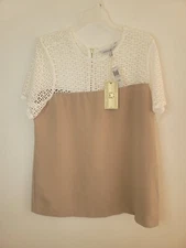 NEW Mynt 1792 Blouse Tan And White Zip Up Mesh And Solid Shirt Womens 1x