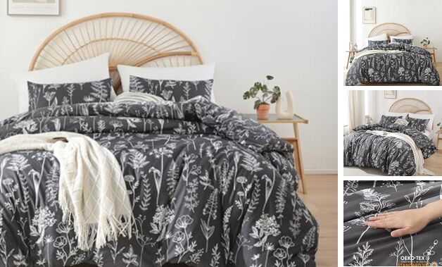 Comforter Set Comforter Floral Bedding Sets 3 Pieces Flowers Full Dark Grey-image